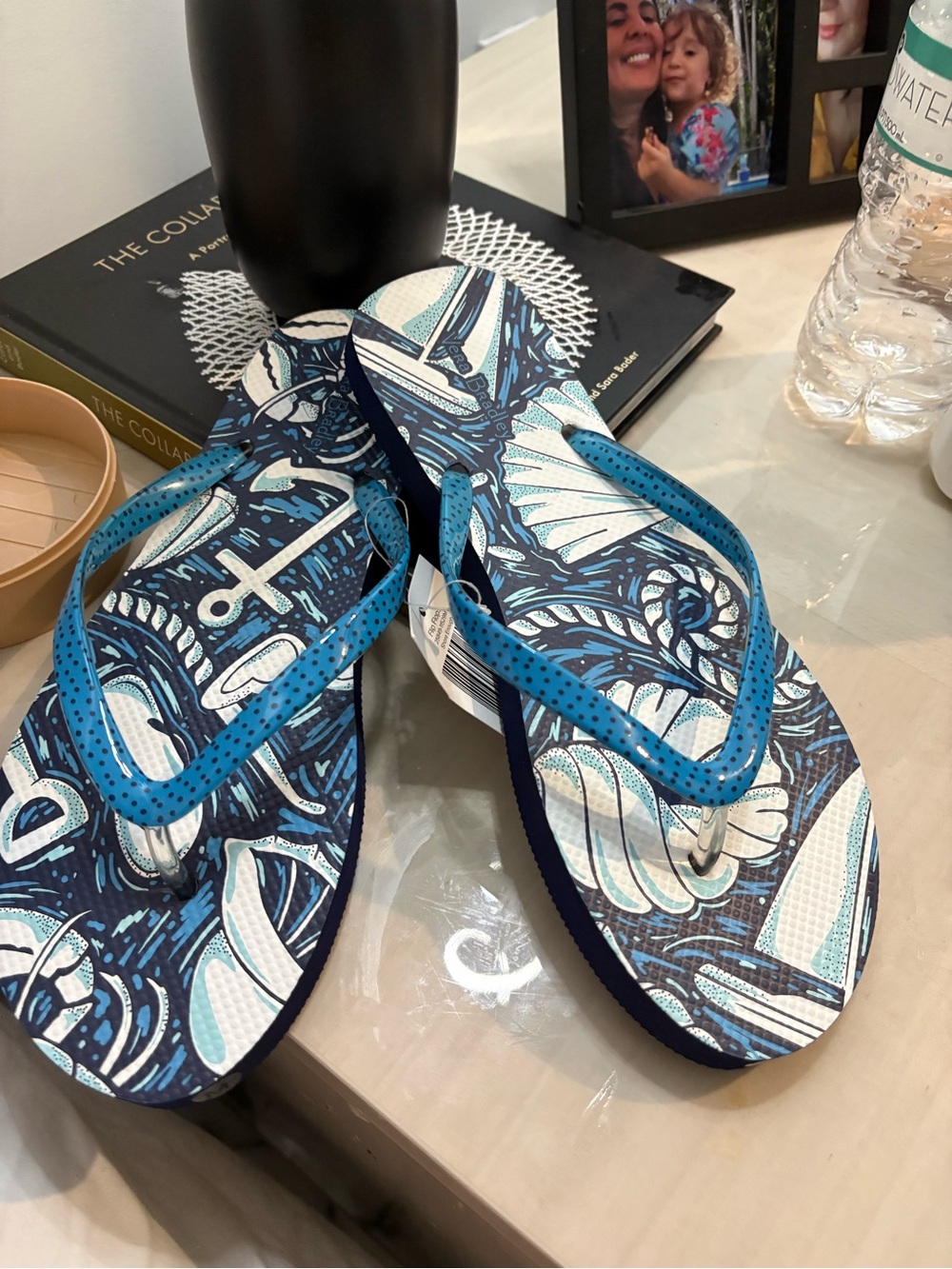 Blue Nautical Print Flip Flops with Bright Blue Straps